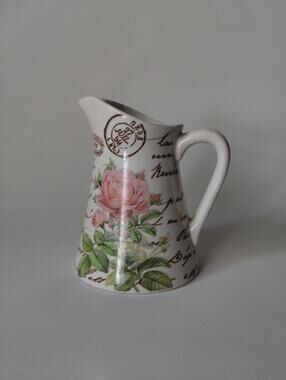 Teleflora Paris Rose Ceramic Pitcher Vase French Script Floral Shabby Chic